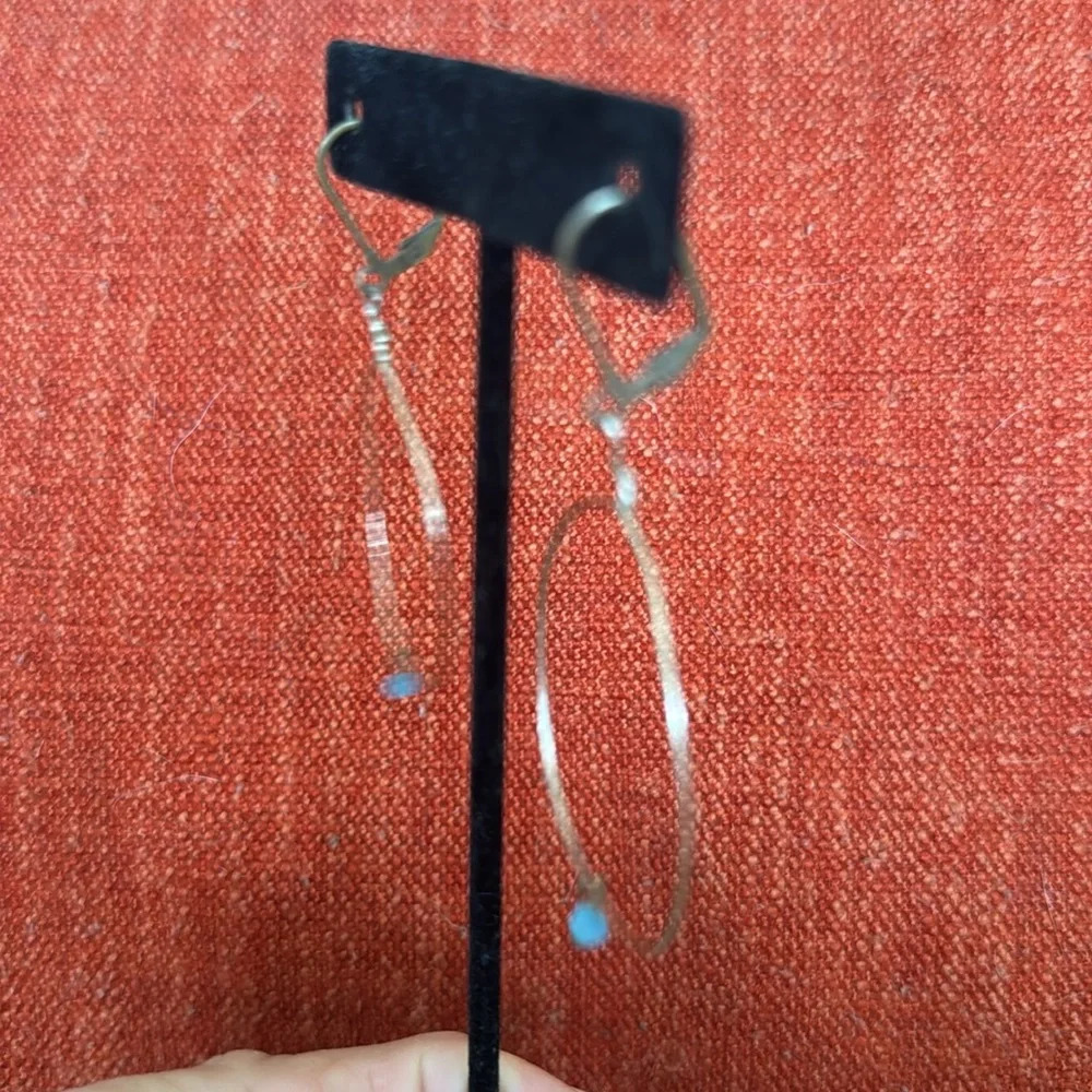 Simple gold and turquoise drop hoop earrings - Picture 4 of 6